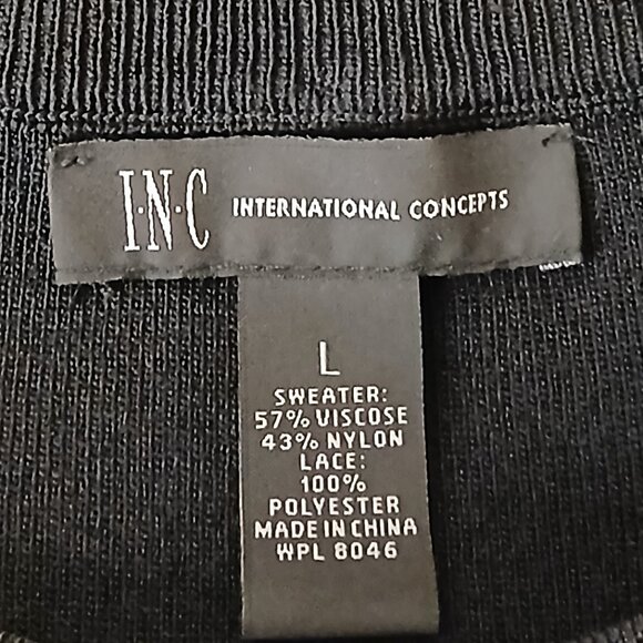 INC International Concepts Sweater L Black Sheer Lace Asymmetrical Zip - Picture 8 of 9